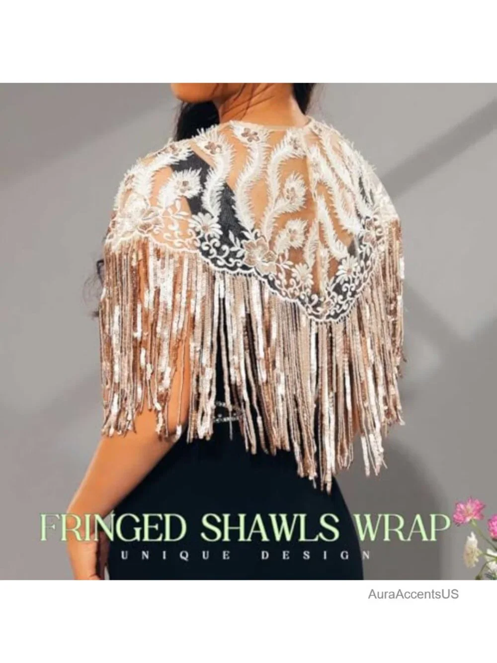 Sequin Fringe Shawl Wrap 1920s Floral Lace Evening Wedding Cape Chiffon